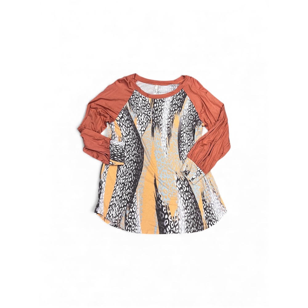 New Celeste Long Sleeve Abstract Print Tunic Top Rust Orange Casual Boho Style